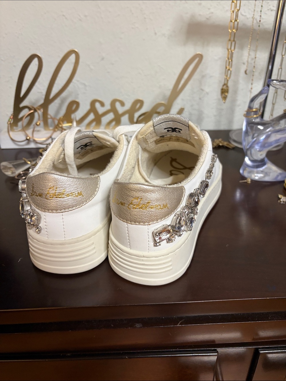 Sam Edelman White Crystal-Embellished Low-Top Sneakers - Picture 6 of 10